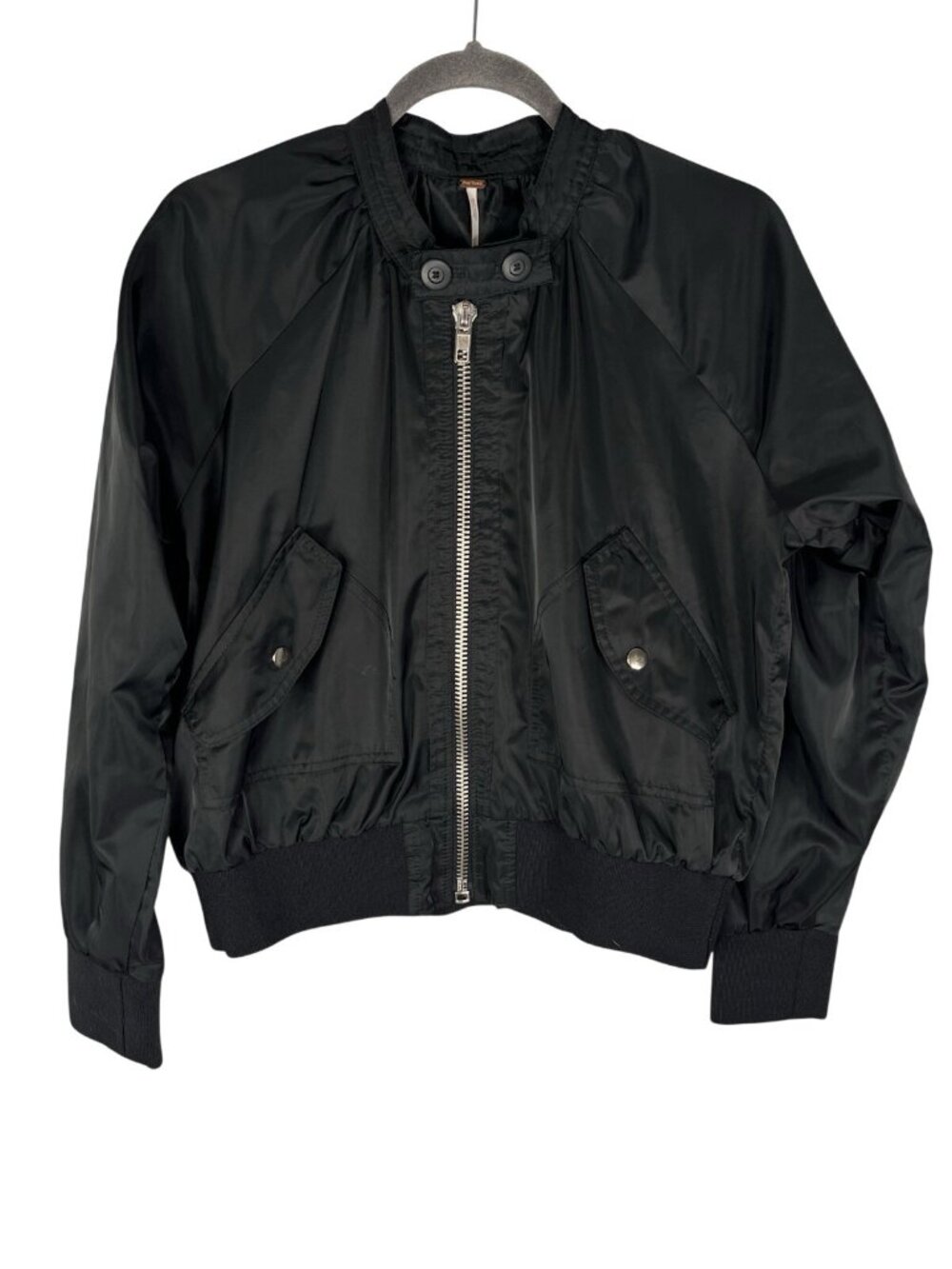 FREE PEOPLE Women's Black Midnight Shiny Bomber Full Zip Jacket Small